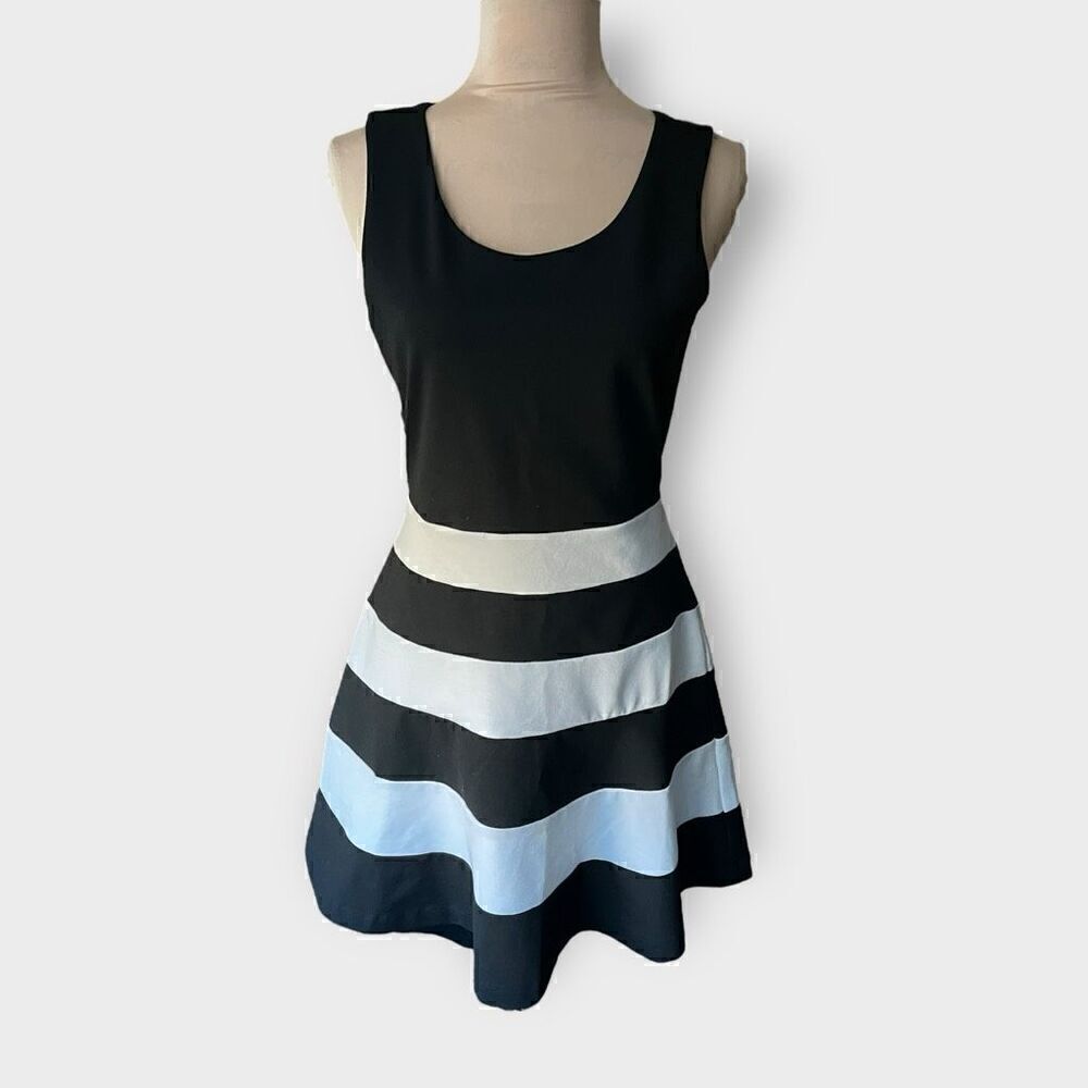 Express Women’s Medium Fit & Flare Black & Multi Color Striped Midi Dress